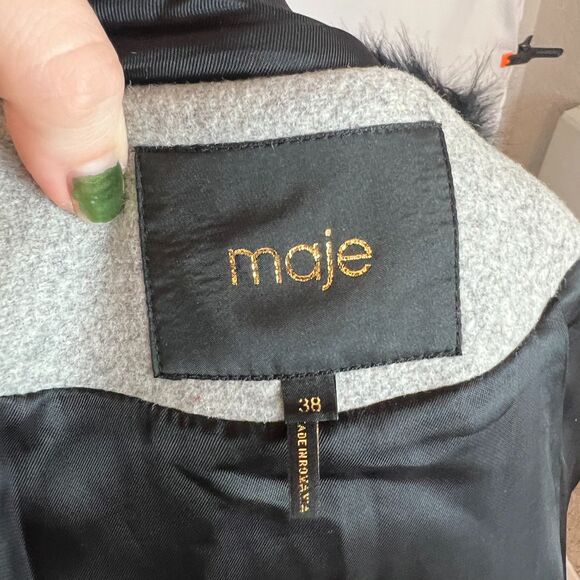 Maje Greli Fur Trimmed Coat Grey Wool Jacket Black Fur Size 38 EU M US - Picture 7 of 8